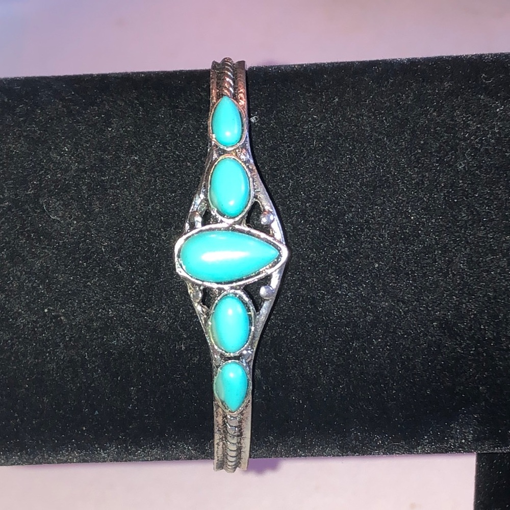Faux Turquoise Stone Silver Tone Cuff Bracelet